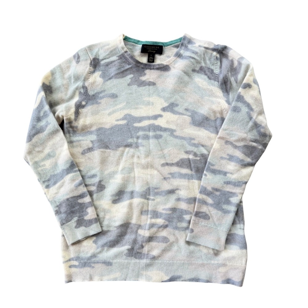 Charter Club Luxury 100% Cashmere Camo Crewneck Sweater Gray Women's Large